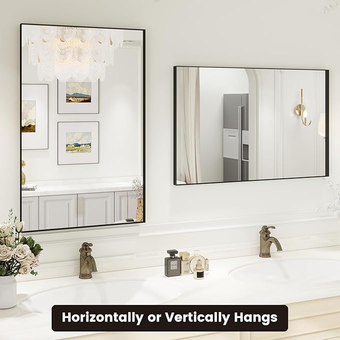 Black Bathroom Mirror, 20x28 inch Matte Black Vanity Mirror, Tempered Glass, Square Corner, Farmhouse, Entryway, Wall Mounted Rectangle Mirror(Vertical/Horizontal)