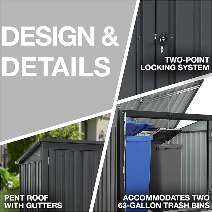 Hanover Outdoor Storage Shed for Trash and Recyclables, Pent Roof, Galvanized Steel, 2-Point Locking System, Stores 2 Trash Cans, 3.3-Ft. x 5.2-Ft. x 4.4-Ft., Dark Gray Trash Can Storage