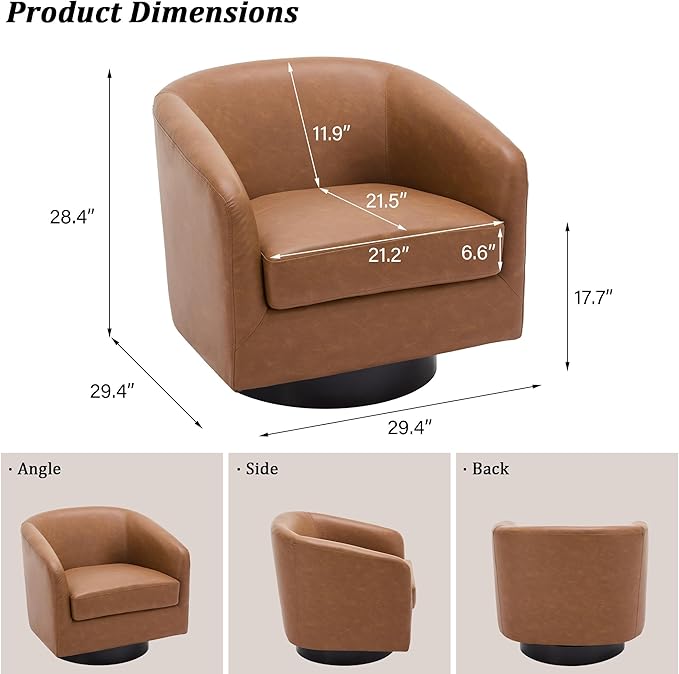 Swivel Barrel Accent Chair, Modern Round Faux Leather Arm Chair for Living Room, Bedroom, Comfy Club Reading Chairs for Adults(Faux Leather, Brown, Set of 4)