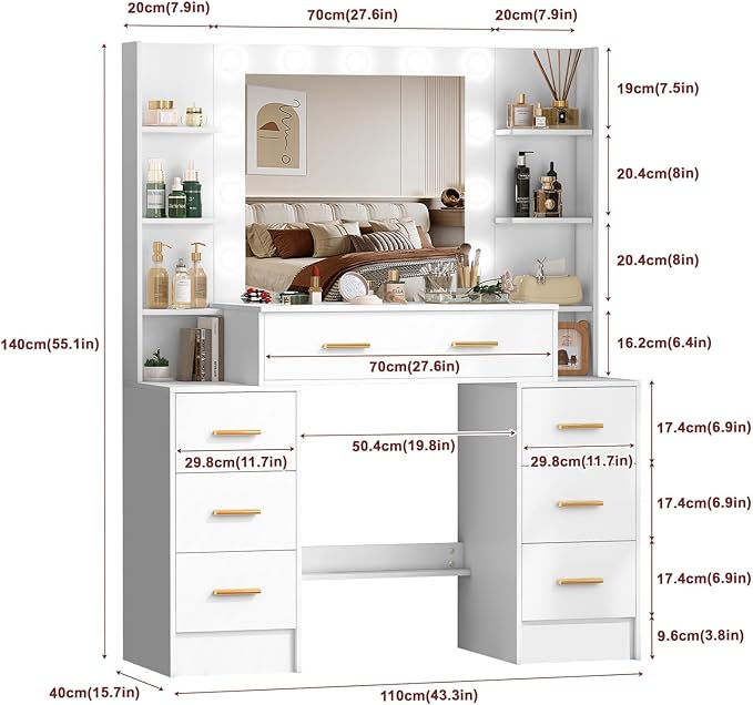 Vanity Desk with Mirror and Lights, Big Makeup Vanity Table Set with Drawers, White Vanity with Lighted Mirror for Bedroom, Dressing Table for Teen Girls and Adult Women, Gold