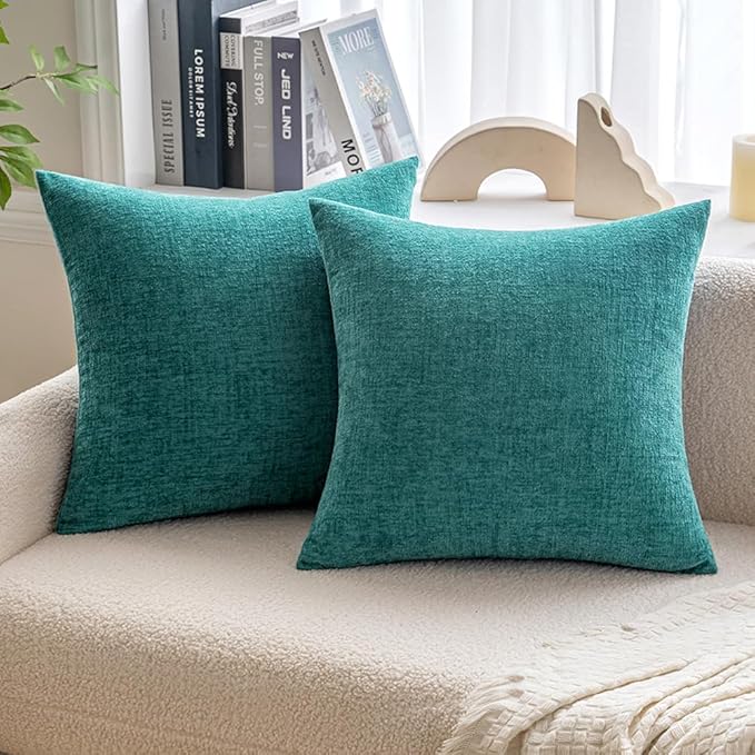 MIULEE Pack of 2 Couch Throw Pillow Covers 26x26 Inch Soft Teal Chenille Pillow Covers for Sofa Living Room Solid Dyed Pillow Cases