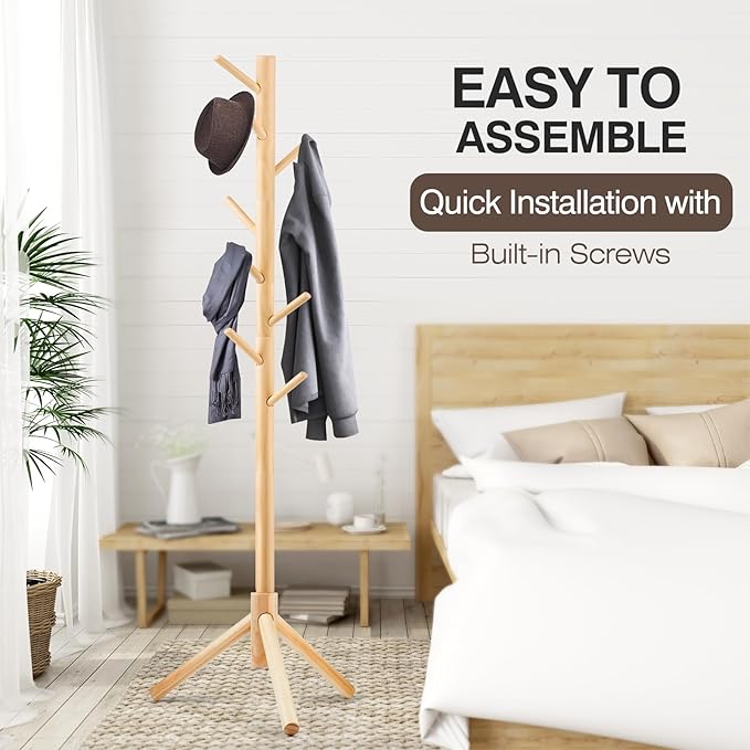 2 PCS Coat Rack, Freestanding Coat Rack with 8 Hooks and 3 Adjustable Size Tree Coat Racks for Bedroom, Hallway, Entrance, Office, for Hats, Coats, Scarves, Handbags