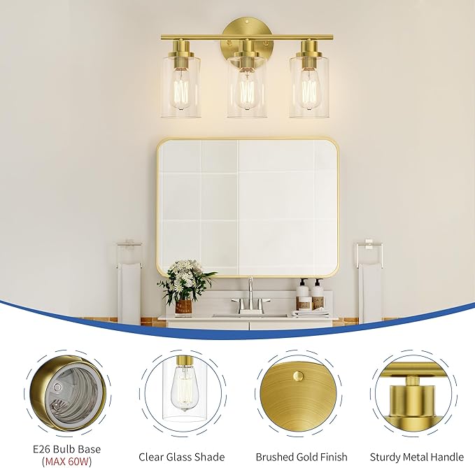 GORDNWE Modern Vanity Light Fixtures, 3 Light Brushed Gold, E26 Bulb Base, Farmhouse Style Over Mirror Lighting
