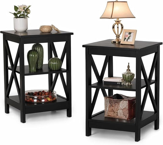 ALPHA HOME Side Tables Farmhouse End Table Set of 2, Small Bedside Tables 3-Tier Storage Shelf for Small Spaces, Couch End Tables, End Table for Living Room, Bed Room, Black