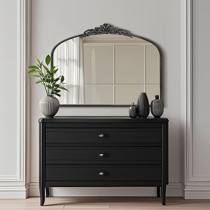 Micasso Black Vintage Mirror, 29"x 36" French Baroque Antique Arched Wall Mounted Mirror Decorative Ornate Entryway Mirror for Wall Decor, Living Room, Hallway