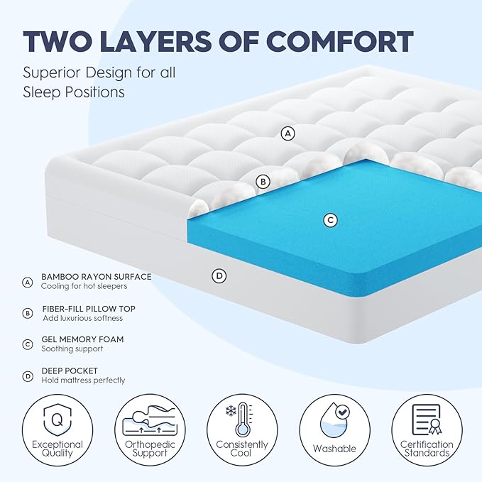 ELEMUSE California King Size Dual Layer 3 Inch Memory Foam Mattress Topper, 2 Inch Cooling Gel Memory Foam and 1 Inch Thick Soft Pillow Top Mattress Pad Cover for Back Pain Relief