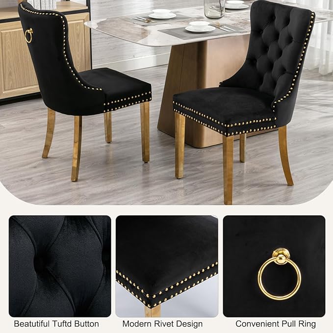 3-Piece Faux Marble Round Dining Table Set for 2, Modern Luxury Kitchen Table Set for 2 with Black Tufted Chairs,Circle Dining Tables with White Marble Grain Top and Bronze Pedestal Base