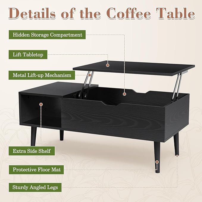 OLIXIS Wood Lift Top Coffee Table with Hidden Compartment and Large Storage Shelf, Lift Tabletop Dining Center Table for Home Living Room Office, Ink