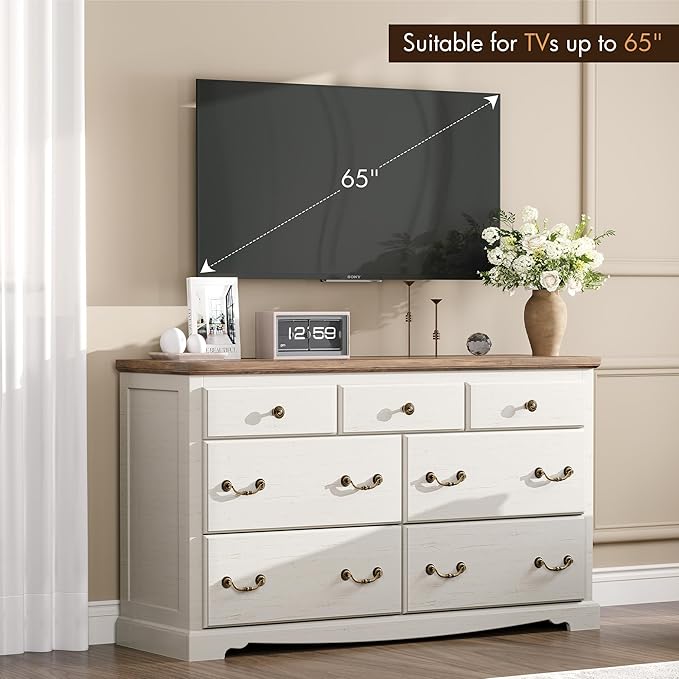 Farmhouse 7 Chest of Drawers for Bedroom, 54" Wide Wood Dresser with Bronze Retro Handles & 3D Drawer Fronts, Closet Dresser for Bedroom, Hallway, Antique White