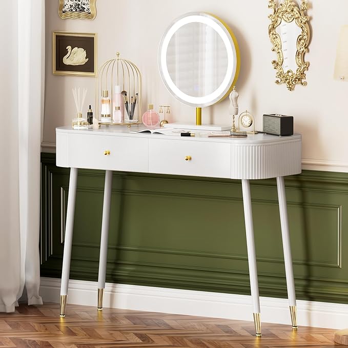 WinZo 40" Vanity Desk with Mirror and Lights, Small Makeup Vanity Table with 2 Storage Drawers and Charging Station, 3 Color Touch Screen Stylish Dressing Table for Small Spaces & Bedroom, White