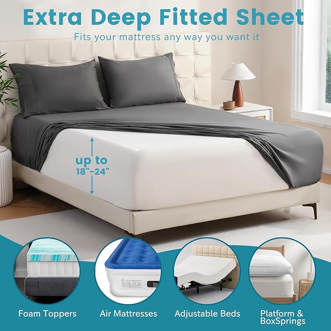 Bedlifes California King Sheet Set, Extra Deep Pocket 18-24 Inches, 1000Thread Count 100% Egyptian Cotton, Soft and Breathable 4-Piece,Dark Grey