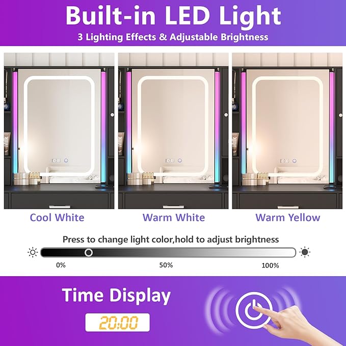 Fameill Black Makeup Vanity Desk with Lights,Makeup Vanity with RGB Lightsand Power Strip,Vanity Table with 5 Drawers Lots Storage & Time Display,3 Lighting Modes Vanity Mirror,41.3in(L)