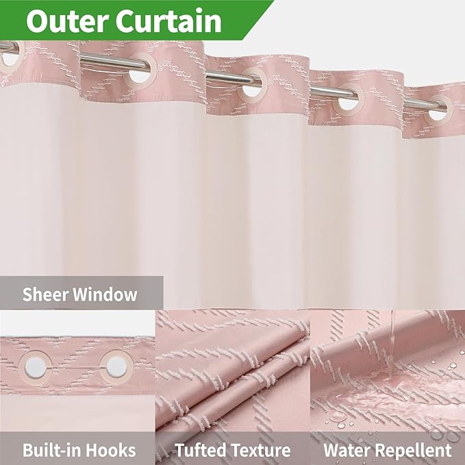 Extra Long Blush Pink No Hook Shower Curtain with Snap-in Liner,Boho White Woven Fabric Tufted Chevron Striped Design,Modern Chic Minimalist Bathroom Curtain,71x86