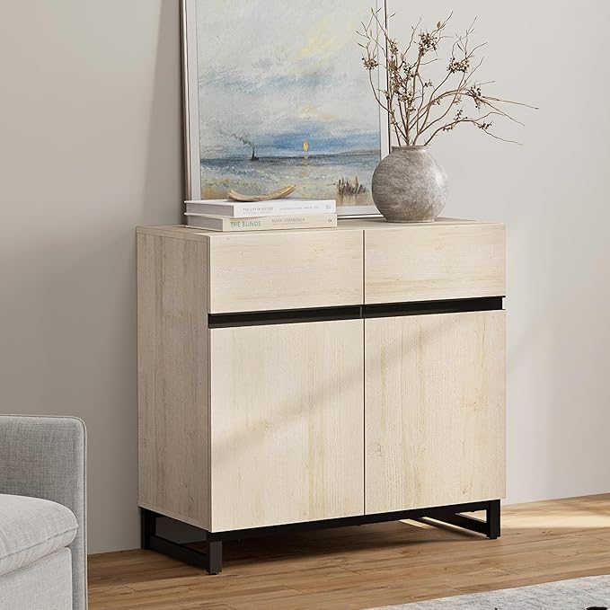 WAMPAT Modern TV Stand for TVs Up to 40 Inch, Entertainment Center with Adjustable Shelves and Metal Base, Media Console for Living Room and Bedroom, Light Oak