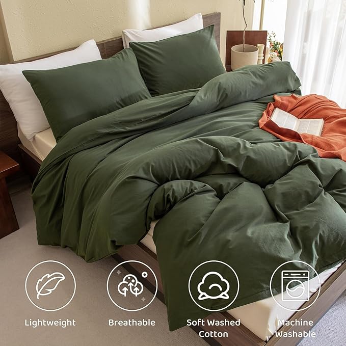 Sanracie Olive Green Queen Size Comforter Set Cotton,Dark Green Bedding Comforers Set Solid Color,3 Pieces Lightweight Aesthetic Queen Bedding Set for All Seasons
