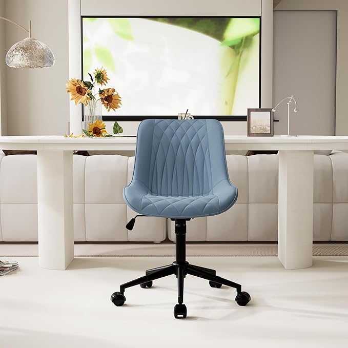 YOUNIKE Blue Ergonomic Home Office Desk Chair No Arms Comfy Small Criss Cross Chair with Wheels Swivel Adjustable Modern Vanity Chair with Back Armless Cute Leather Upholstered Rolling Task Chair