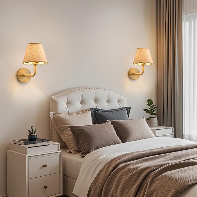 Boho Battery Operated Rattan Wall Sconces Set of Tow, Wireless Rechargeable Battery Powered Wall Light with Grass-Woven Lampshade for Bedroom Living Room Hallway Porch