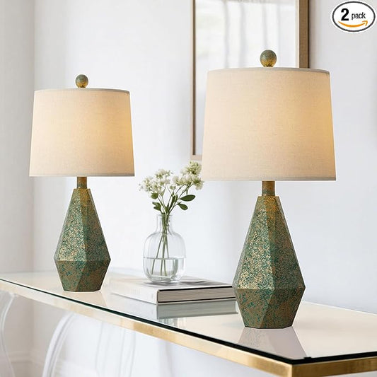 PoKat 20.25" Vintage Table Lamps Set of 2 for Night Stands, Modern Bedside Lamps for Bedroom Living Room, Farmhouse Bedroom Lamps for End Table, Suitable for Small Place, Retro Blue and Green