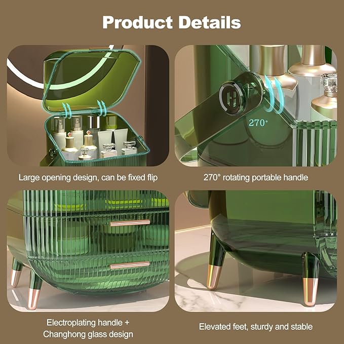 Ergocar Portable Retro Series Multi-Function Make Up Case Dustproof Cosmetic Storage Box, Skin Care Products Jewelry Organizer Finishing Box Bathroom Desktop - Retro Green
