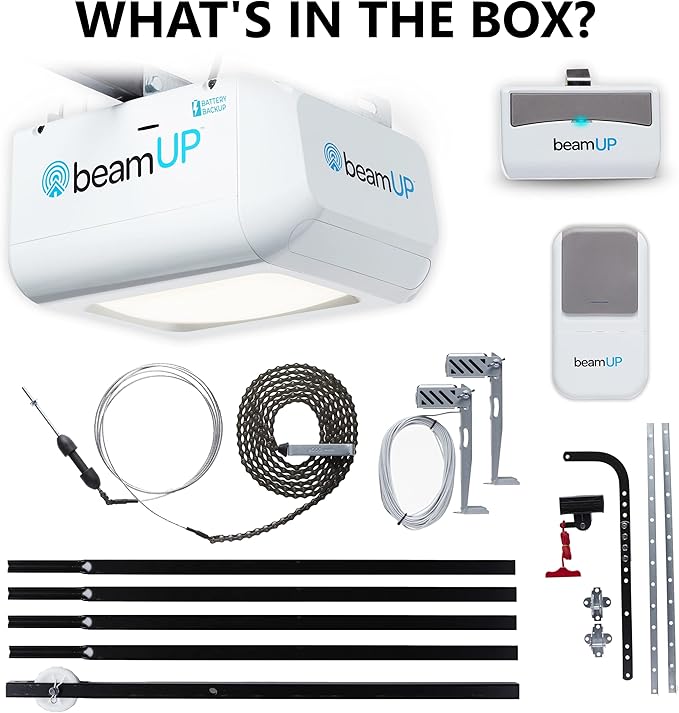 Everlift BU250 Sectional Garage Door Opener with Battery Backup, Heavy-Duty Chain Drive for Single or Double Doors, Wall Mount, and Remote Garage Opener, Quick and Easy Installation, White