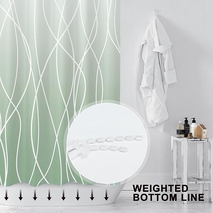 Punkray Ombre Green Striped Polyester Shower Curtain for Bathroom with Hooks, Shower Curtains for Bathroom, Waterproof Bath Accessories Hotel Style - Machine Washable 72 x 72