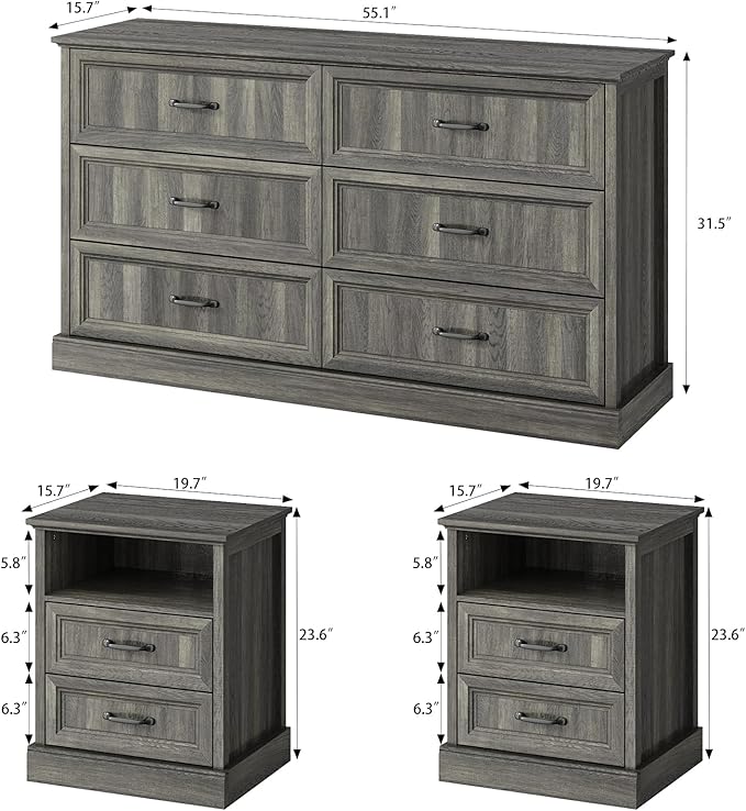CARPETNAL Farmhouse Dresser and Nightstand Sets for Bedroom, 3 Pcs Bedroom Set, 6 Drawer Dresser & Nightstand Set of 2, Modern Wood Chest of Drawers for Bedroom, Living Room, Entryway, Grey