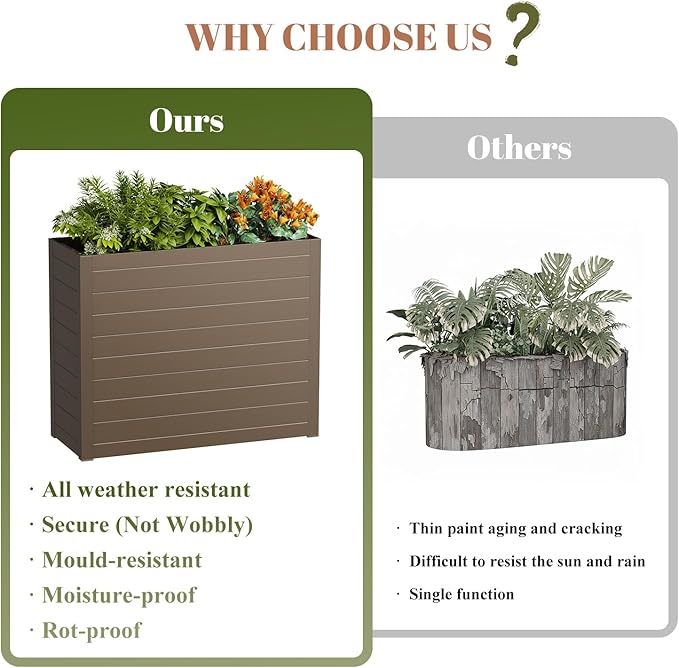 Outdoor Planter Box,Large Rectangular Planter for Indoor or Outdoor Patio/Porch, Durable All-Weather, Modern Design for Plants, Flowers, Garden (Brown)