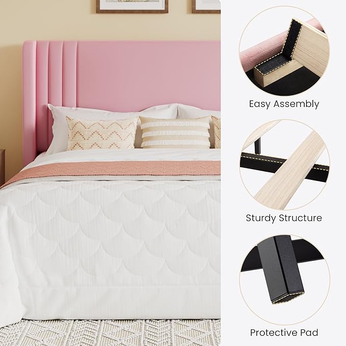 SHA CERLIN Full Size Velvet Upholstered Platform Bed Frame with Vertical Channel Tufted Wingback Headboard, Wooden Slats Support, Easy Assembly, Under Bed Storage, No Box Spring Required, Pink