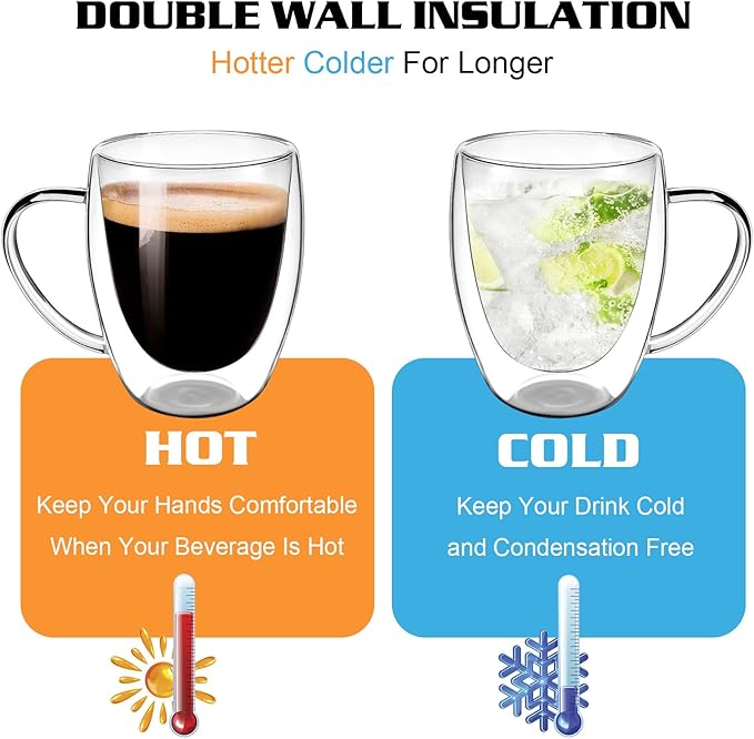 Clear Glass Double Wall Insulated Round Coffee Mugs Set of 2 Pieces - Medium Size 12oz Best Reusable Coffee Mug for Home Cafe Restaurant Perfect for Espresso Capucinno Lungo Latte Coffee