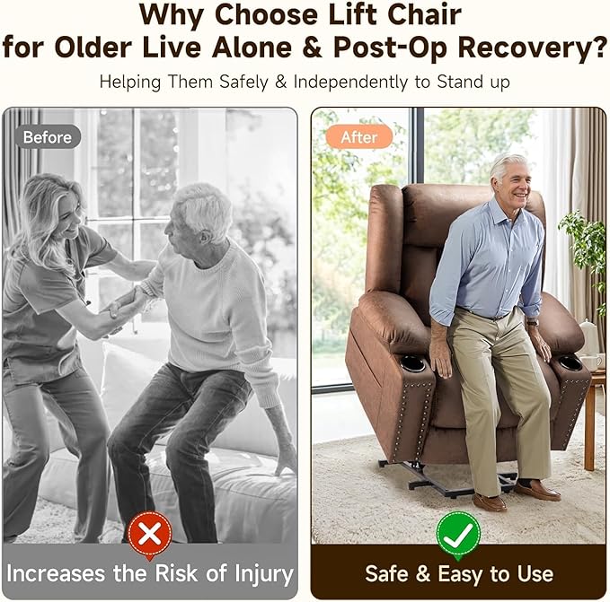 Large Power Lift Chair Recliner for Elderly with Heated and Massage, Overstuffed Adjustable Lift Chair, 3 Position, Breathable Leather, USB-A&USB-C, Cup Holder (Tall Man-7523, Chocolate)