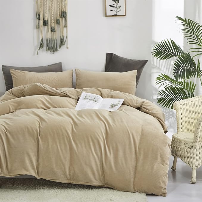 Luxlovery Khaki Velvet Comforter California King Cream Flannel Bedding Minimalist Bedding Set Dark Champagne Blanket Quilts Heavyweight Winter Taupe