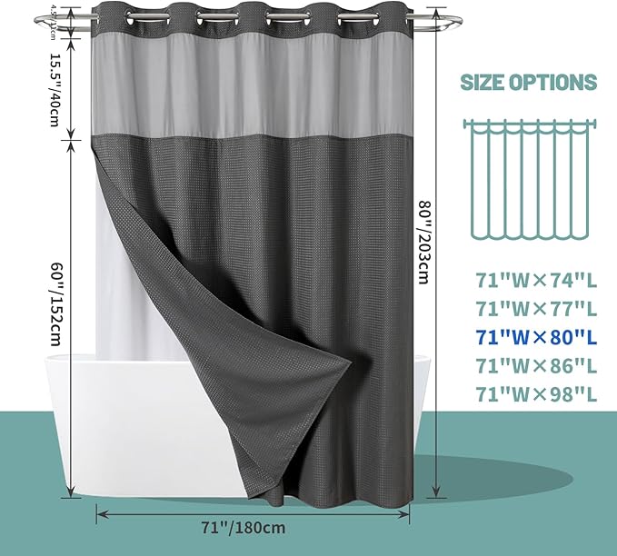Charcoal Grey Long No Hook Waffle Weave Shower Curtain with snap-in Liner Replacement, 230GSM Waterproof Fabric Hotel Shower Curtain Set for Bathroom, Through Mesh Top Window,71Wx80H