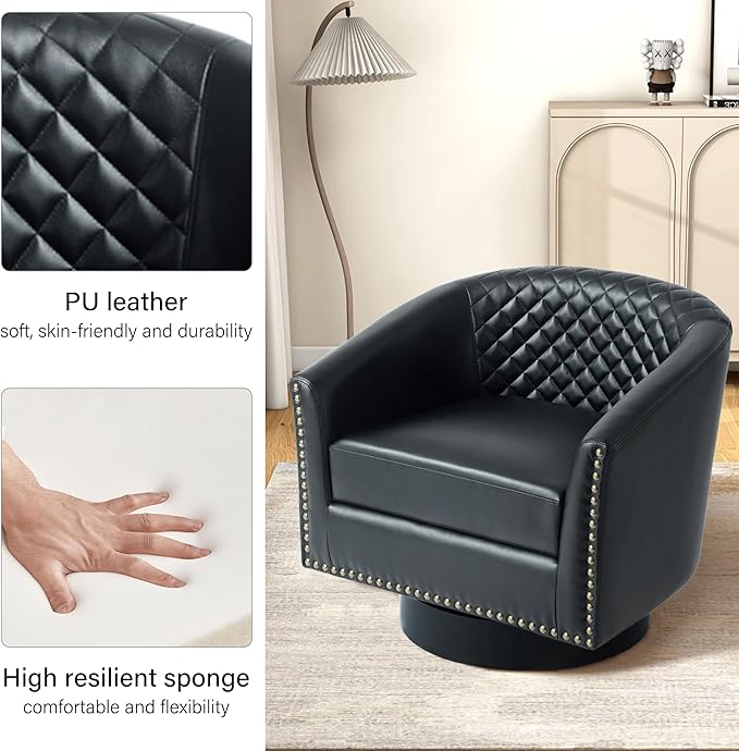 Swivel Barrel Accent Chair, Comfy Modern Upholstered Round Faux Leather Arm Chair for Living Room, Bedroom（Black, Set of 4