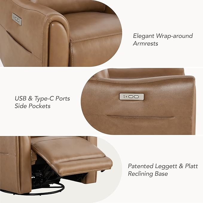 Watson & Whitely Genuine Leather Power Recliner Chairs for Adults, Swivel Glider Recliner Chair for Living Room with Charging Ports, Saddle
