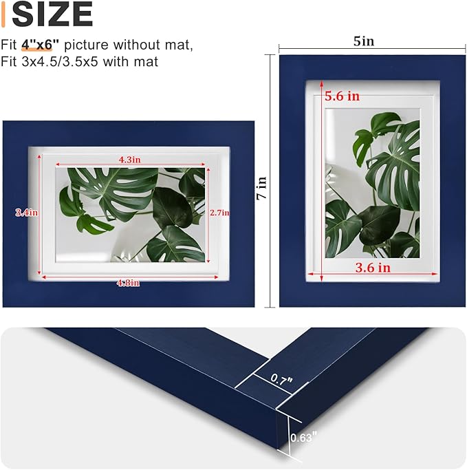 Egofine 4x6 Picture Frame Made of Solid Wood, Covered by Plexiglass Display Pictures 3.5x5 with Mat or 4x6 Without Mat for Table Top Display and Wall Mounting Photo Frame, Navy Blue