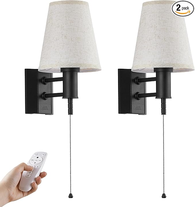 Rechargeable Battery Operated Wall Sconces Set of 2, Wireless LED Wall Lights with Remote & On/Off Pull Chain, Wall Mounted Lamp Lighting Fixture Decor for Bedroom Living Room, Matte Black