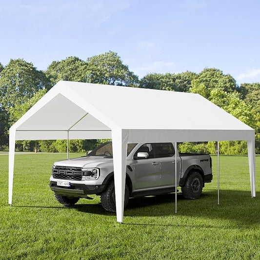 10x20ft Metal Carport Garage with PE Fabric and Galvanized Steel Frame Leg Wrap Carport for Outdoor Shelter for Cars, Trucks, and Boats - White