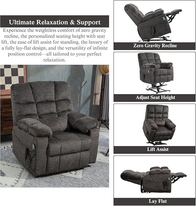 3-Motor Lift Chair with Adjustable Seat Height Zero Gravity Lay Flat Recliner with Heat Massage - Flip Arm Storage Cup Holders - Power Lift Recliner for Elderly – Big Tall 400 lbs (Dark Charcoal Grey)