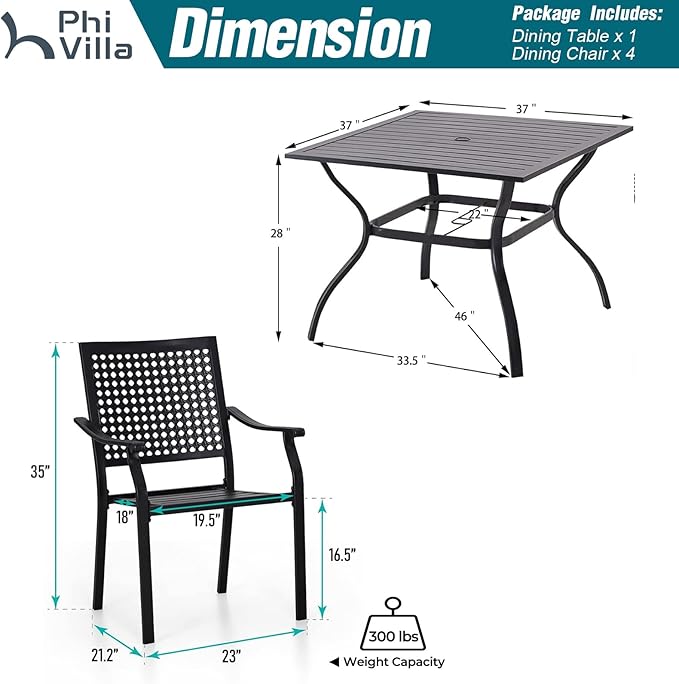 PHI VILLA 5-Piece Outdoor Meal Set for 4: Square Wrought Iron Table & Stackable Chairs, Heavy-Duty Dining Furniture for Patio, Deck, Backyard, Porch