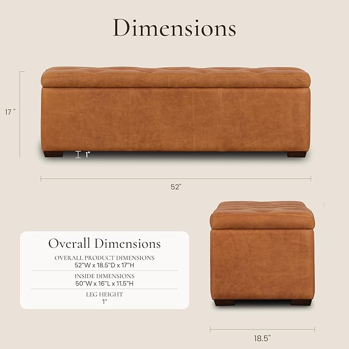 Poly & Bark Senja Storage Ottoman – 52" Large with Feather-Down Topper – Full-Grain Leather Upholstered Ottoman Box – Bench or Bedroom Storage – Vintage Italian Leather in Cognac Tan