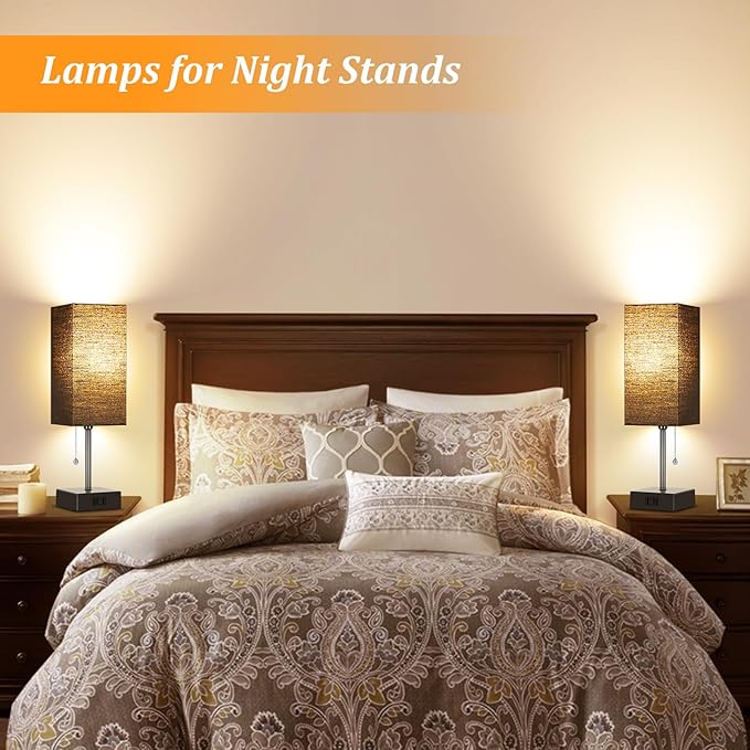 Table Lamp for Bedroom set of 2,3-Color Bedside Lamps with Pull Chain Table Lamps for Nightstand with AC Outlets, Night Light Lamps with 2 Bulbs Lamps for Living Room Kids Office Decor（Black）