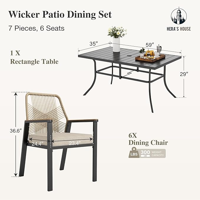HERA'S HOUSE 7 Pieces Patio Table and Chairs Set, Outdoor Dining Set for 7, 6 x Cushioned Woven Rattan Patio Chairs and 1 x Black Metal Table with Umbrella Hole, Outdoor Rattan Dining Set for Lawn