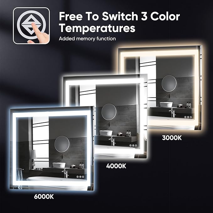 Antok 36"x 36" LED Bathroom Mirror with Lights, Anti-Fog, Dimmable, Lighted Vanity Mirror with Tempered Glass, Memory Function, 3 Light Modes, Safe Use, Horizontal, Vertical