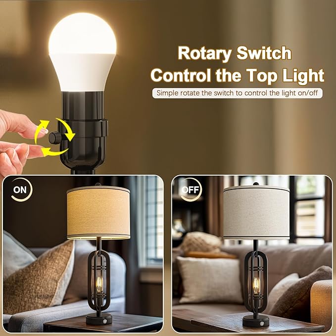 27.25'' Table Lamps Set of 2 for Living Room Bedroom Industrial Farmhouse Metal Touch Lamps with USB A+C Ports, Night Light Vintage Nightstand Bedside Lamp, Bulbs Included, Black