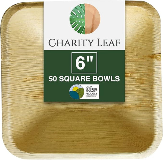 Charity Leaf Disposable Palm Leaf 6" Square Bowl (50 pcs) Dipping Bowls | Bamboo Like| All Natural and Biodegradable | Charcuterie Boards, BBQs, and Parties