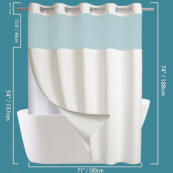 Conbo Mio No Hook Waffle Weave Shower Curtain with Snap in Liner Set, Hotel Luxury Beige Shower Curtains for Bathroom with See Through Top Window, Waterproof, Washable 71W x 74H