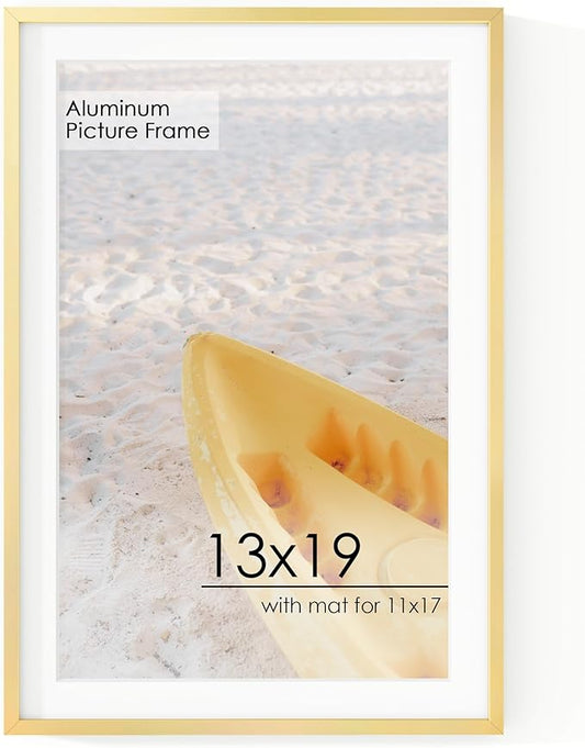 13x19 Metal Picture Frame for Wall With Mat for 11x17, 13''x19'' Aluminum Photo Frames With Tempered Glass for Home Decor, Minimalist Modern Poster Frame Horizontal And Vertical Formats, Gold