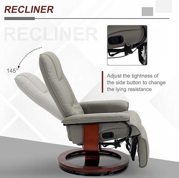 HOMCOM Faux Leather Manual Recliner, Adjustable Swivel Lounge Chair with Footrest, Armrest and Wrapped Wood Base for Living Room, Gray
