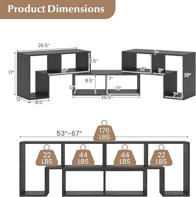 GOFLAME 3 Pieces TV Console Stand, Modern Entertainment Center for 50 55 60 65 Inch Flat Screen TV, Free Combination Bookcase for Storage & Display, Suitable for Living Room (Black Wood Grain)