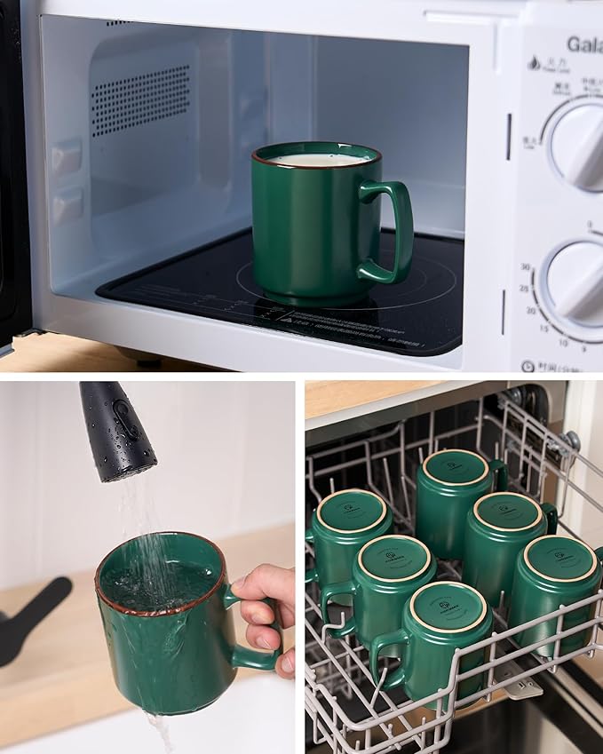 famiware Coffee Mugs Set of 6, Nebula 14oz Coffee Mugs, Ceramic Cup Set with Handle for Latte, Tea, Milk, Cappuccino, Cocoa, Dark Green